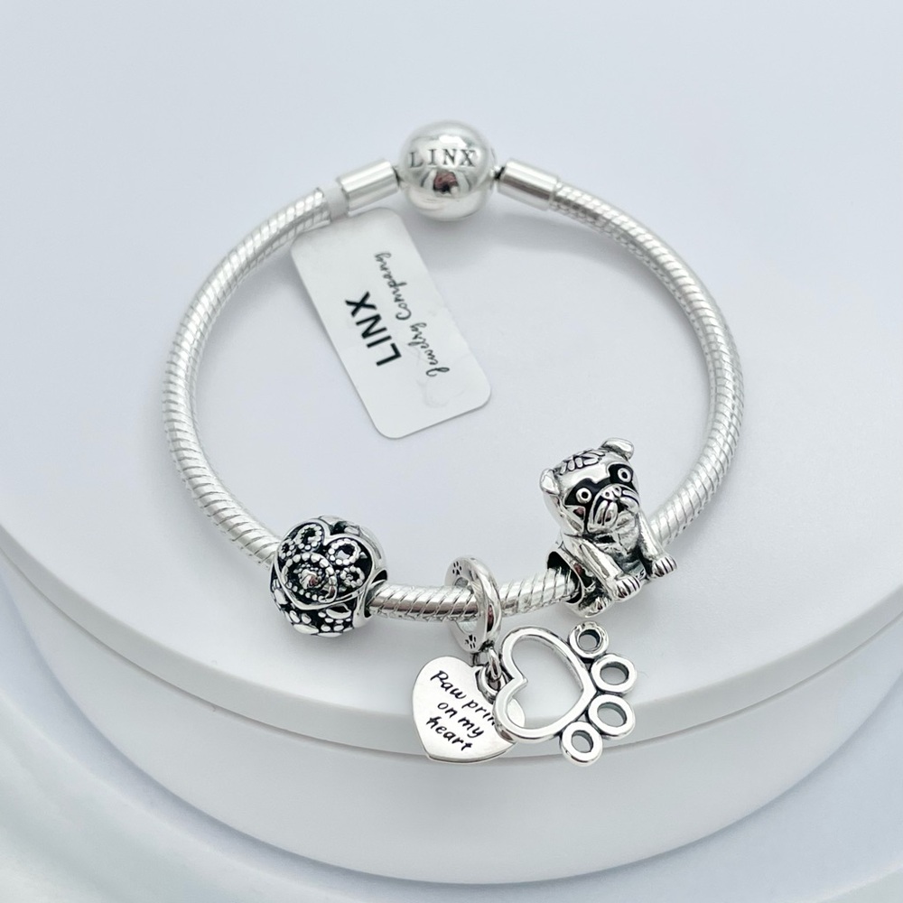 Linx Snake Chain Bracelet with Pug Dog Themed Charms